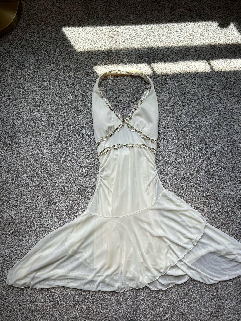Y2K Cream Halter Dress with Sequin Trim